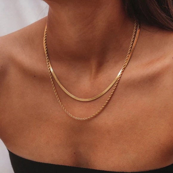 24K Gold Double Layered Chain Necklace*Rope Chain Necklace*Minimalist*Waterproof - Picture 1 of 8